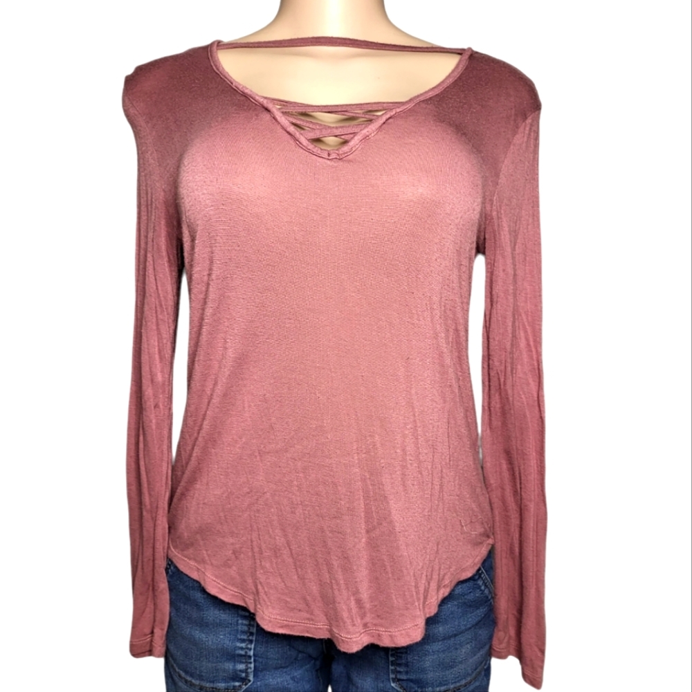 GLITZ Casual Long Sleeve Criss Cross V-Neck Basic Tops